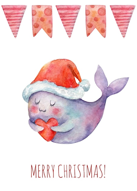 Cartão de natal em aquarela com decorações de natal de guirlanda de baleia animal fofa