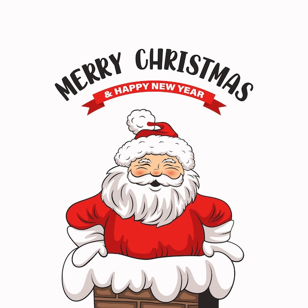 Cartão de Natal Feliz com Papai Noel Sorridente em uma chaminé em estilo retrô de desenho animado Feliz Natal e Feliz Ano Novo Cartão de Saudação de Natal Feliz com Papai Noel Rindo