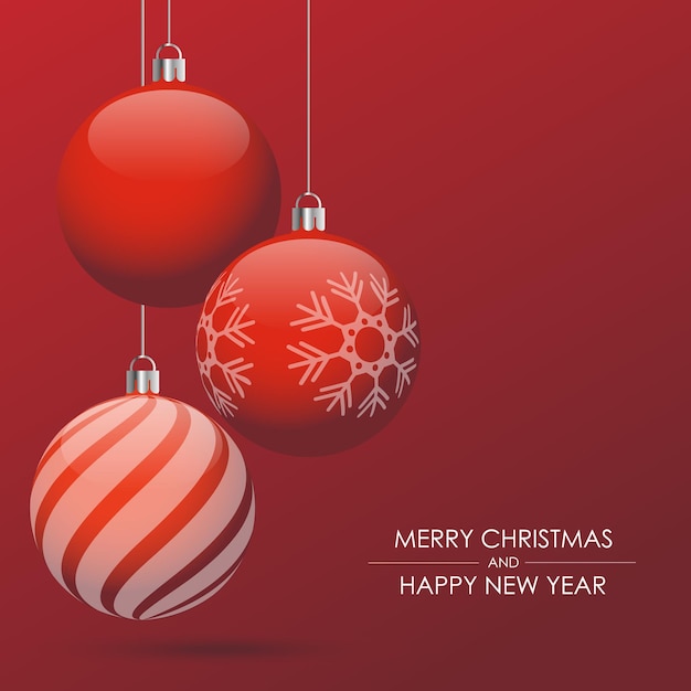 Cartão de Natal vermelho com bolas de Natal. Design de banner. Feliz Natal e Feliz Ano Novo