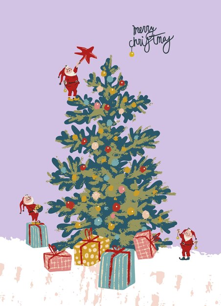 Vetor cartão de natal vitoriano com os gnomos que decoram a árvore de natal ilustração vetorial