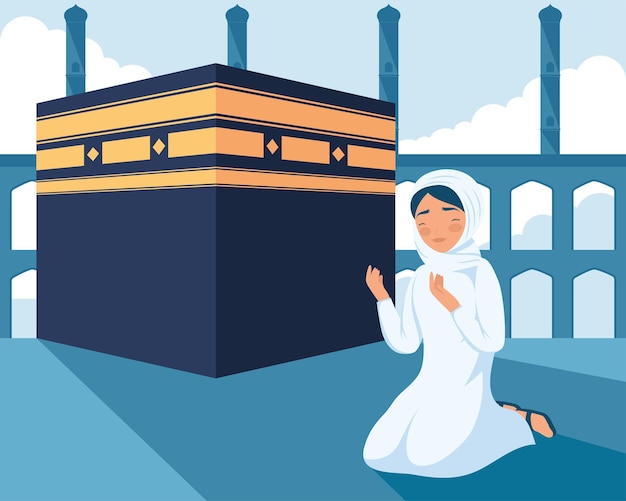 Cartão de oração de mulher de peregrinação islâmica
