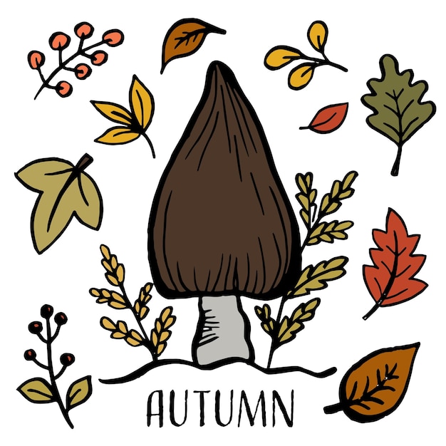 Cartão de outono com frutos de folhas caindo e cogumelos caem elementos florais e inscrição Fundo de outono para a temporada de outono Ilustração vetorial isolada no convite branco de ação de Graças