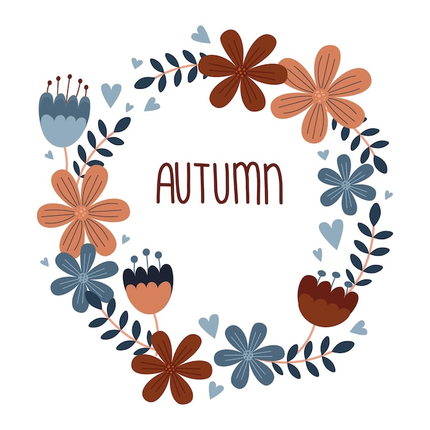 Vetor cartão de outono com guirlanda floral cartaz simples e fofo com flores em cores azuis alaranjadas