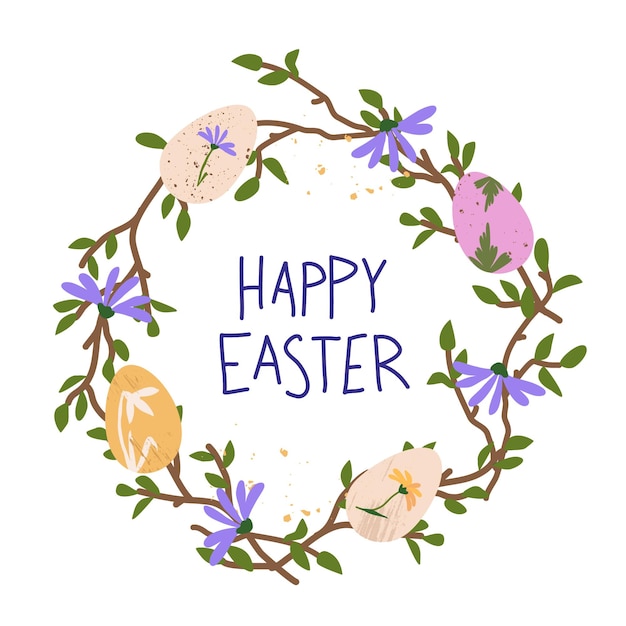 Cartão de páscoa com coroa de primavera ovos de páscua e flores silvestres feliz páscoa letras escritas à mão
