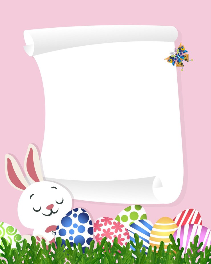 Vetor cartão de páscoa com ovos de páscoa de coelho e uma folha de papel branco para texto em um fundo rosa