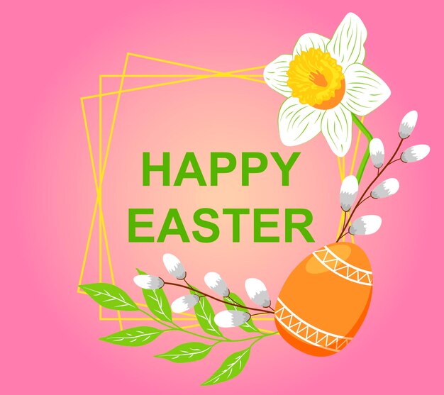 Vetor cartão de páscoa feliz com ovo e flores no fundo rosa