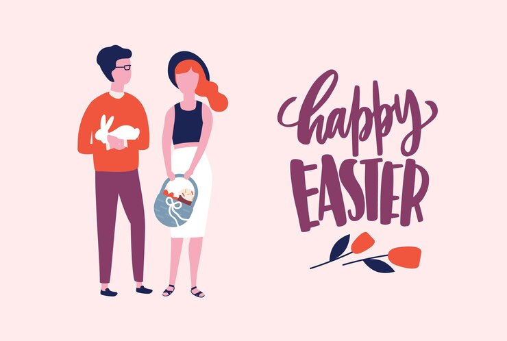 Cartão de Páscoa ou modelo de cartão de saudação com desejo escrito à mão com fonte caligráfica cursiva e lindo casal segurando coelhinho. Ilustração em vetor festiva plana dos desenhos animados para a celebração do feriado de primavera.