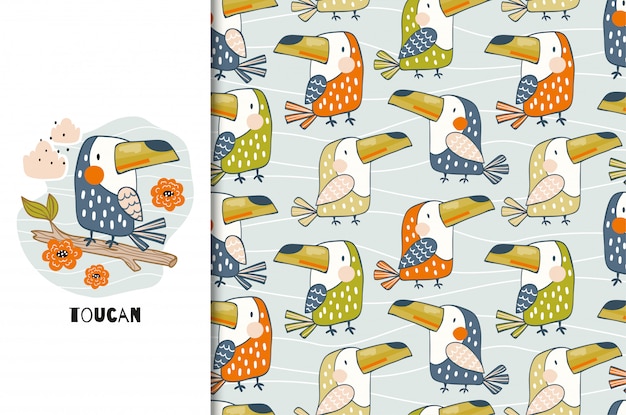Cartão de pássaro tucano bonito dos desenhos animados e padrão sem emenda. mão desenhada ilustração animal