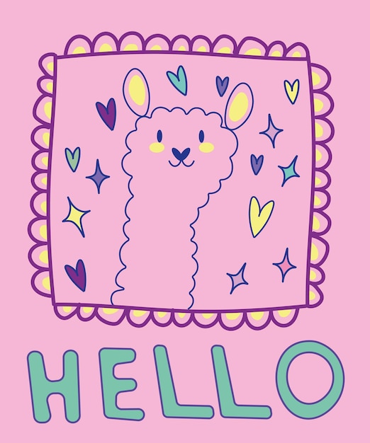 Cartão de personagem lhama fofa com um sorriso texto olá pode ser usado para adesivo adesivo capa de telefone pôster camiseta caneca e outro design eps