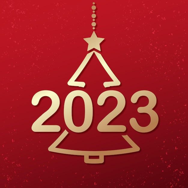 Cartão de presente de feriado com árvore de natal de ouro e números de 2023 em fundo vermelho feliz ano novo e ilustração em vetor gradiente de conceito de feliz natal