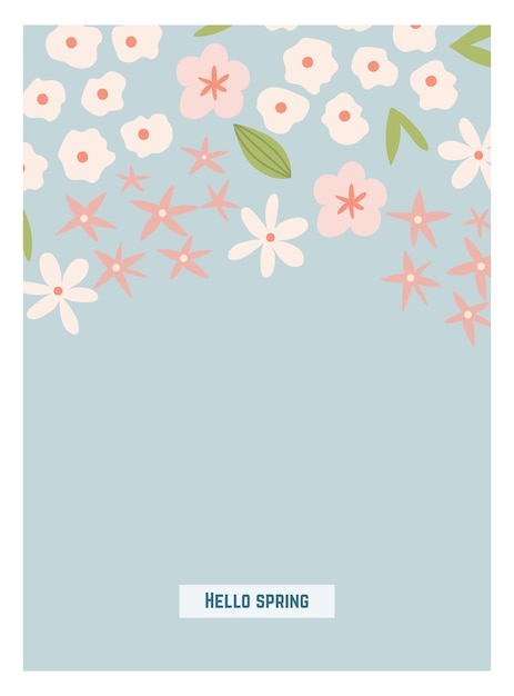 Cartão de primavera boho escandinavo com flores da primavera, ramos floridos, pássaros e borboletas. bom para cartaz, cartão, convite, panfleto, banner, cartaz, folheto. ilustração vetorial.