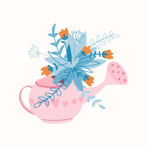 Cartão de primavera bonito com regador e flores Conceito de jardinagem Desenho manual no estilo cartoon