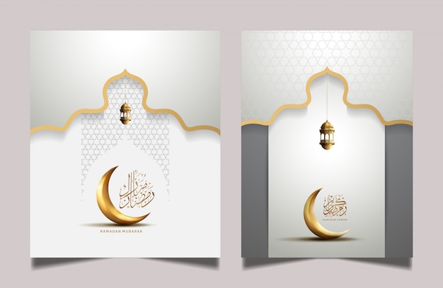 Cartão de ramadã com lua crescente dourada e lanterna