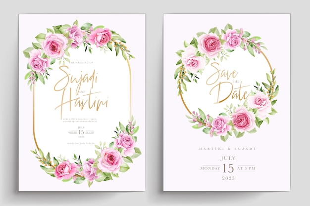 Cartão de rosas florais em aquarela com conjunto de cores rosa e verde