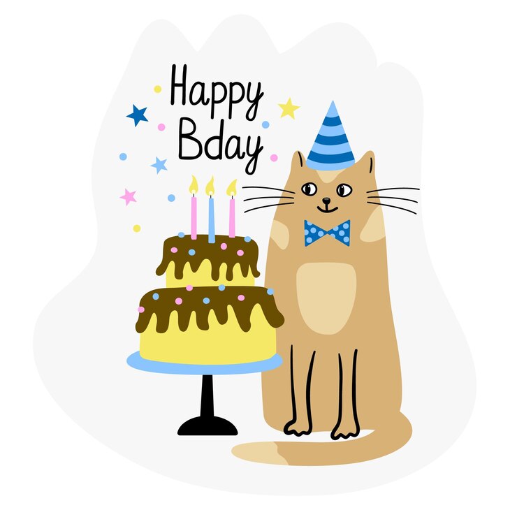 Vetor cartão de saudação com um gato fofo e bolo de aniversário ilustração plana desenhada à mão