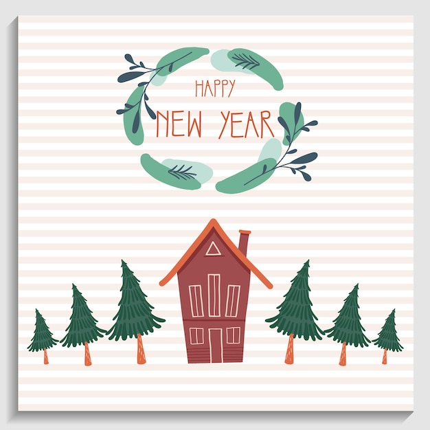 Cartão de saudação de ano novo, guirlanda de Natal com texto feliz ano novo e casa vermelha com árvores de Natal