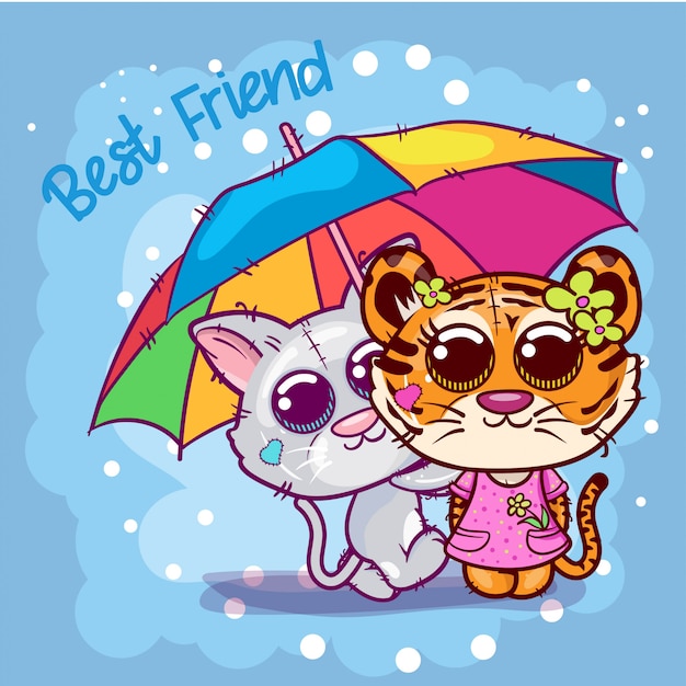 Cartão de saudação de chuveiro de bebê com desenho de tigre e gato bonito - Vector