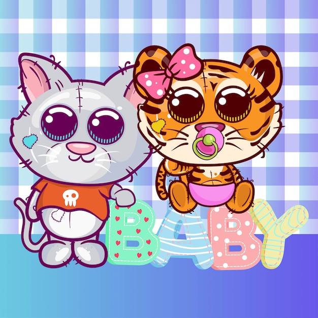 Vetor cartão de saudação de chuveiro de bebê com desenho de tigre e gato bonito - vector