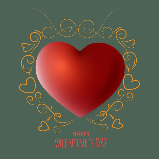 Cartão de saudação de feliz dia dos namorados com coração vermelho, flor laranja decorada em fundo verde