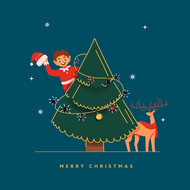 Cartão de saudação de Feliz Natal com um menino alegre vestindo um traje de Papai Noel, renas e uma árvore de Natal criativa em fundo azul.