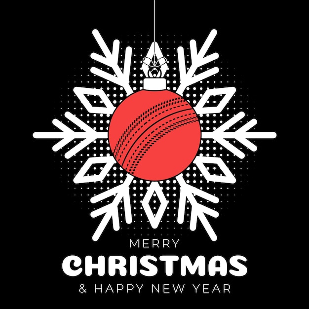 Cartão de saudação de natal de críquete feliz natal e feliz ano novo estilo de contorno desenho plano bola de críquete de banner esportivo como uma bola de natal em fundo preto ilustração vetorial
