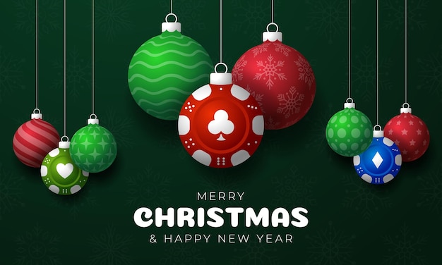 Cartão de saudação de Natal de póquer Feliz Natal e feliz ano novo cartão de Saudação de casino pendurado em um fio verde e vermelho bola de Natal bauble em verde em fundo Ilustração de vetor esportivo