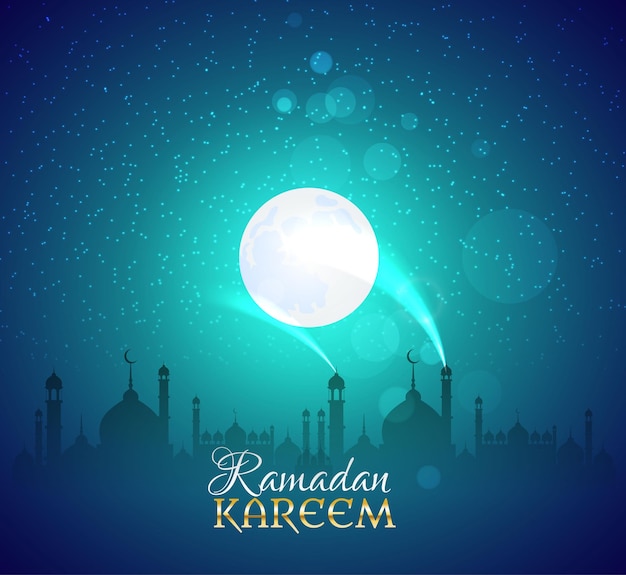 Cartão de saudação de ramadan kareem com mesquita e lua crescente à noite