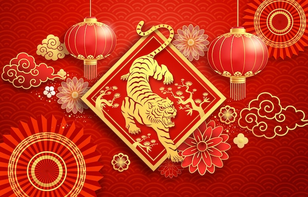 Cartão de saudação do ano novo chinês 2022 fundo o ano do tigre. ilustrações vetoriais.