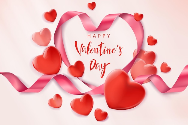 Vetor cartão de saudação do dia dos namorados com uma fita de seda rosa em forma de coração e corações vermelhos