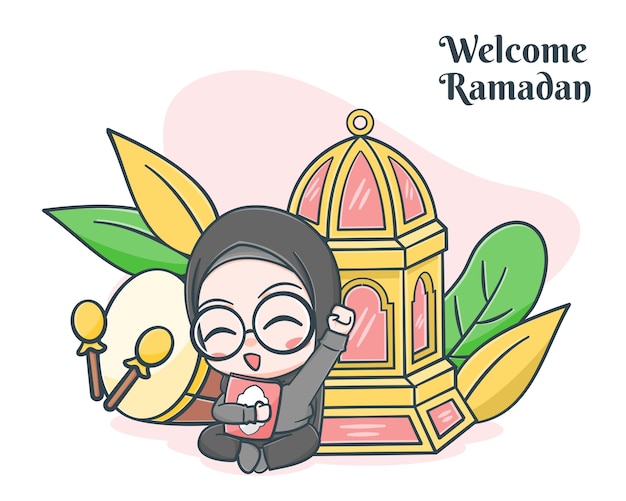 Cartão de saudação do Ramadã com ilustração de desenho animado de linda garota