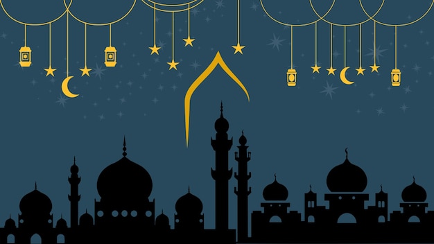 Cartão de saudação do Ramadan Kareem com lua e lanternas da mesquita