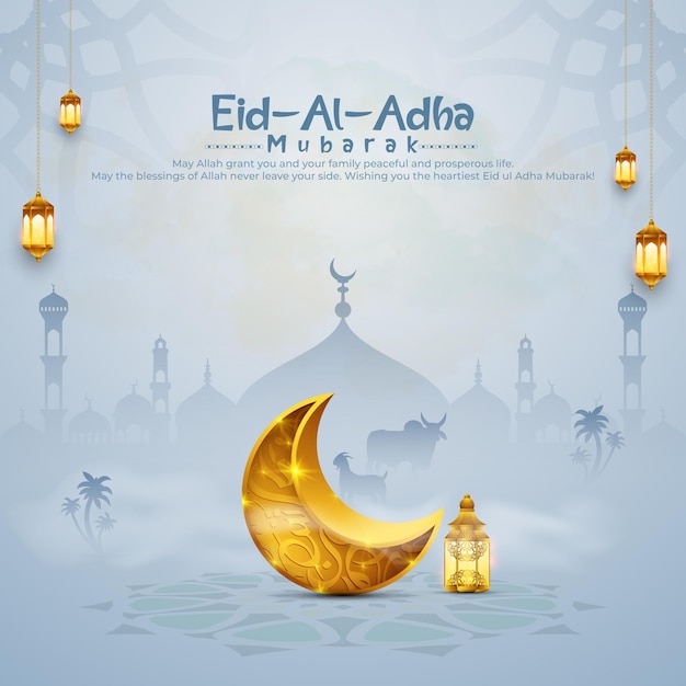 Cartão de saudação Eid al Adha Mubarak e modelo de mesquita com fundo de lua