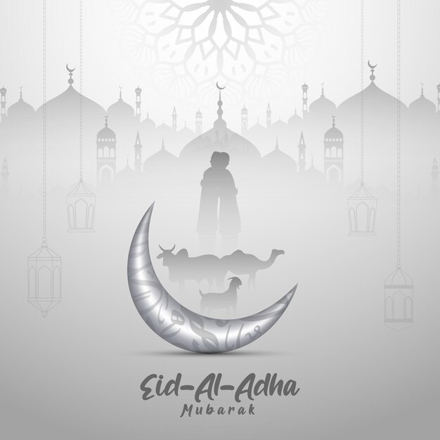Cartão de saudação Eid al Adha Mubarak e modelo de mesquita com fundo de lua