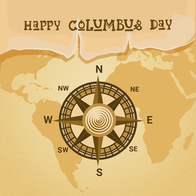 Cartão de saudação feliz feriado columbus day national usa com bússola sobre o mapa do mundo