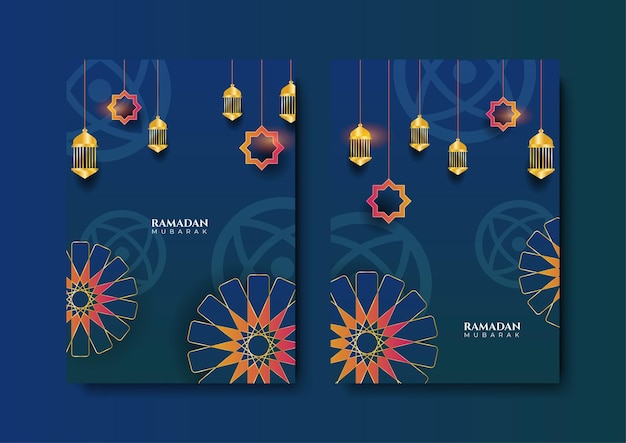 Cartão de saudação islâmico na moda e modelo de fundo de pôster com padrão de lanterna de mesquita e design crescente para convite iftar ramadhan mubarak kareem ilustração vetorial