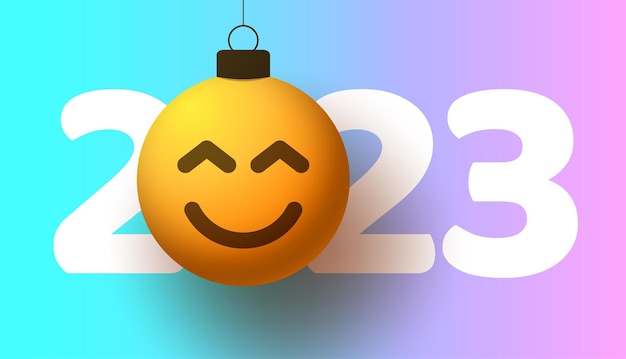 Cartão de saudação para o ano novo de 2023 com rosto emoji sorridente que fica pendurado no fio como uma bola de brinquedo de natal ou bugiganga ilustração vetorial de conceito de emoção de ano novo