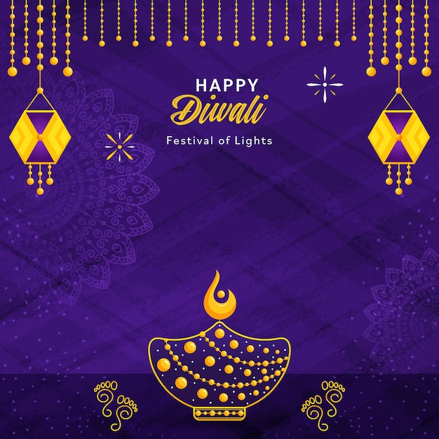 Cartão de saudação premium de Diwali com diya e lanternas em estilo indiano com espaço de texto