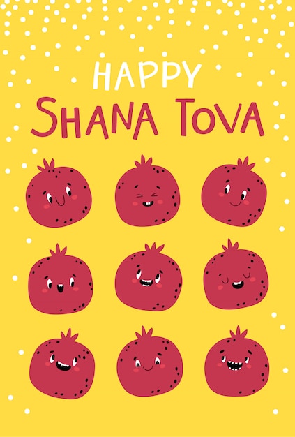 Cartão de shana tova, cartão de rosh hashanah, com símbolo de férias, romã em um fundo de mel. personagens engraçados com emoções diferentes. ano novo judaico. ilustração infantil
