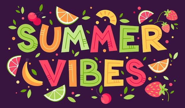 Cartão de verão colorido com frutas diferentes e letras desenhadas à mão.
