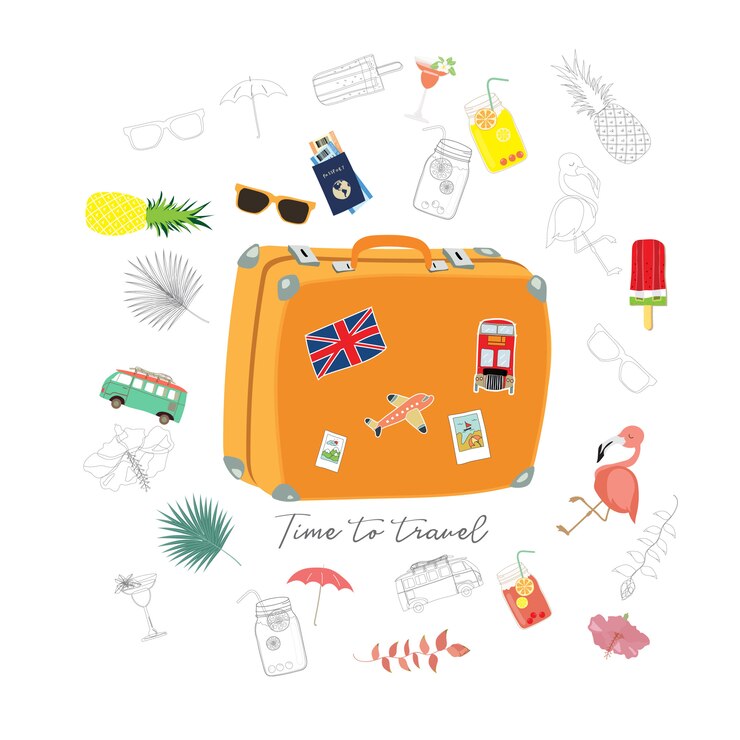 Vetor cartão de viagem com bagagem, van, passaporte, avião, flamingo, flor e sorvete