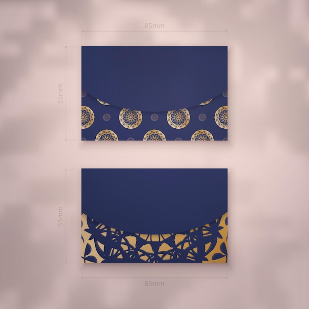 Cartão de visita apresentável em azul escuro com padrão ouro indiano para a sua marca.