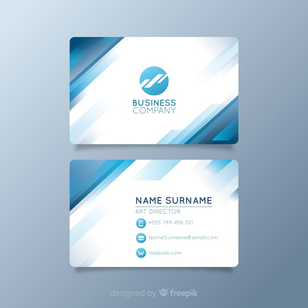 Cartão de visita branco com formas azuis e logotipo