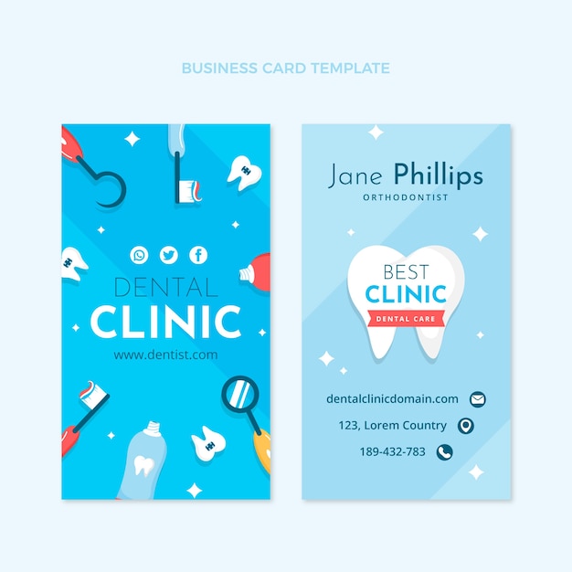 Cartão de visita de clínica odontológica de design plano desenhado à mão vertical