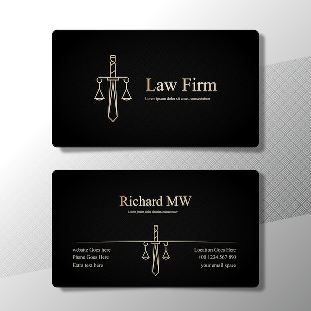 Cartão de visita elegante de escritório de advocacia preto e dourado