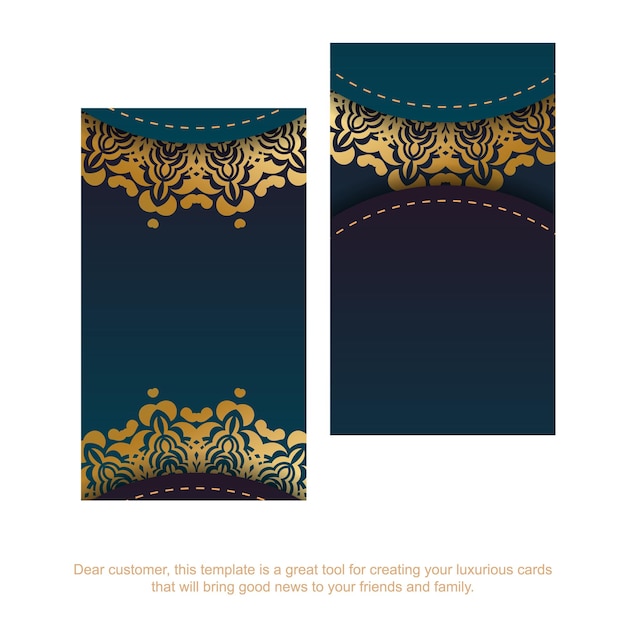 Cartão de visita gradiente azul com ornamentos de ouro vintage para seus contatos.