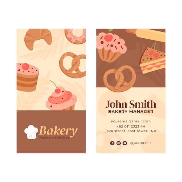 Cartão de visita vertical de loja de padaria desenhada à mão
