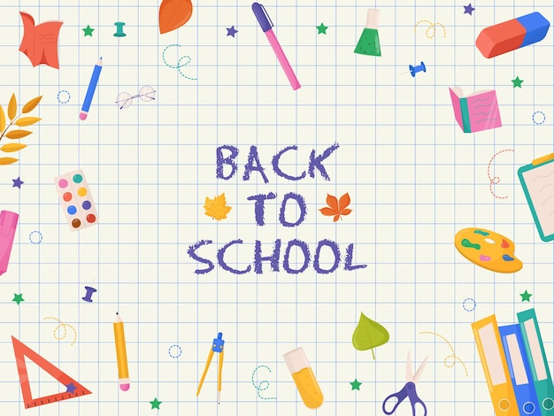 Cartão de volta às aulas com material escolar colorido Modelos coloridos de volta às aulas para convite