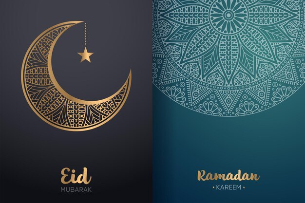 Cartão decorativo de eid mubarak e ramadan kareem com mandala e lua crescente.