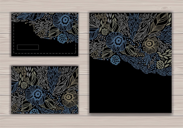 Vetor cartão definido com desenho de contorno de flores.