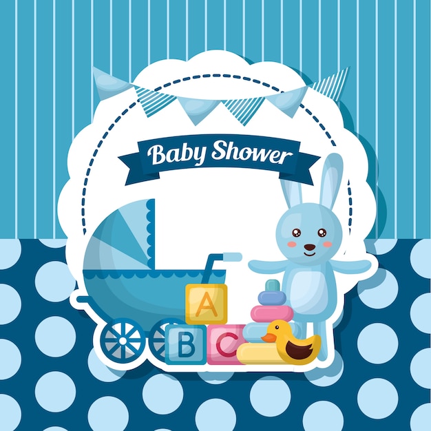 Vetor cartão do chuveiro de bebê azul coelho bebê carriege listras fundo brinquedos